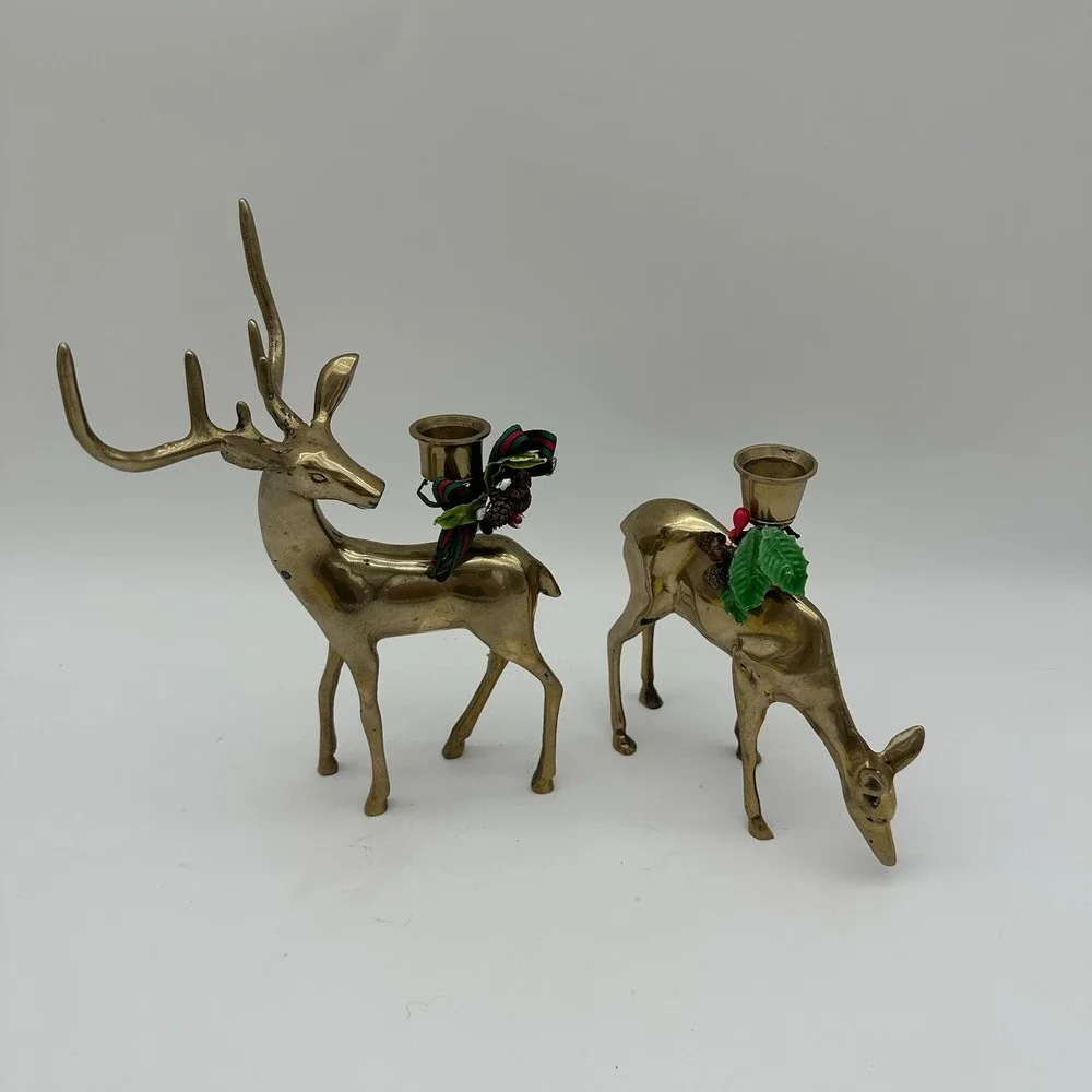 2 Vintage Brass Reindeer Candle Sticks Holders Buck and Doe Set Large Antlers